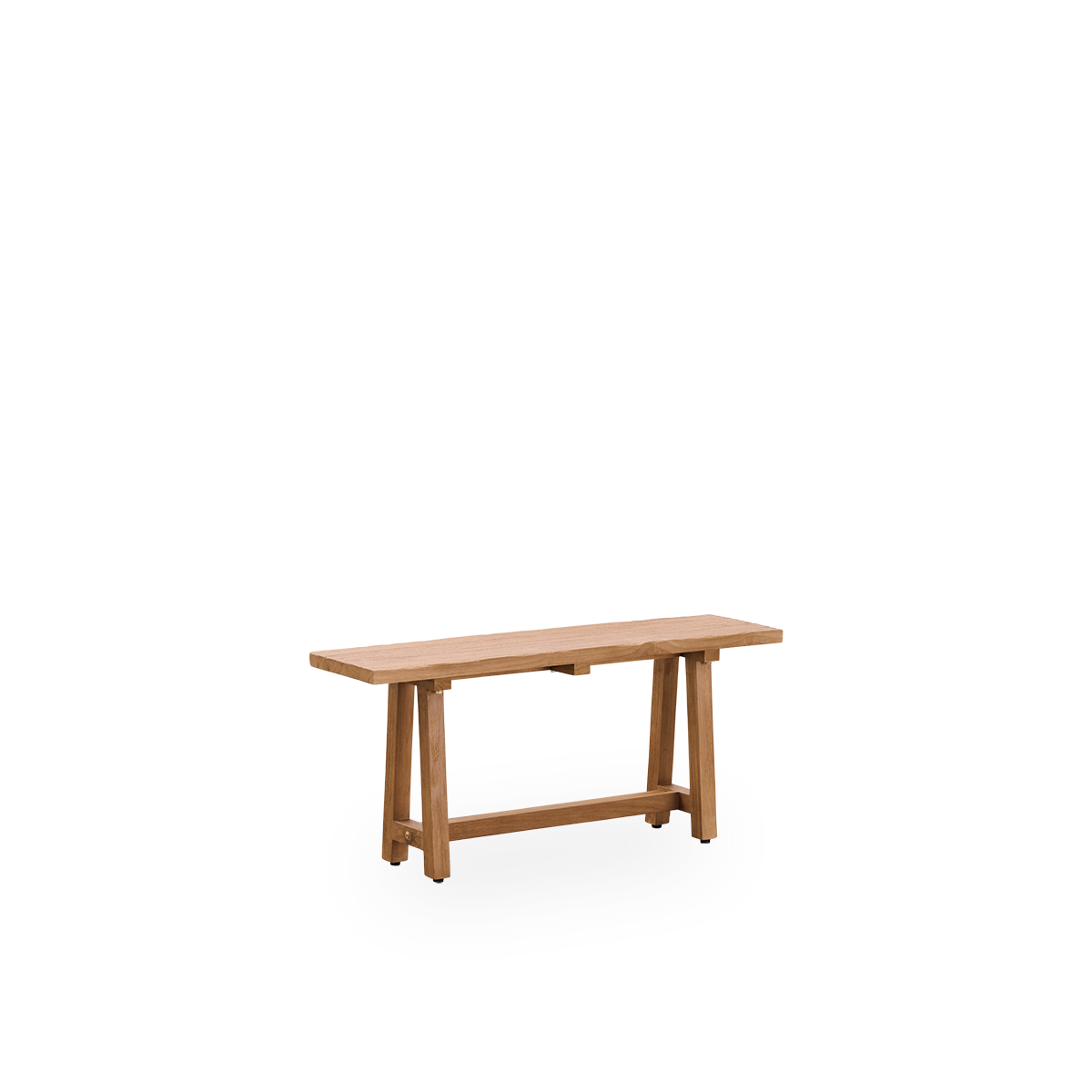 Seitenansicht der Lucas Indoor-Teakbank, Länge 100 cm, eine kompakte und elegante Teakbank aus patiniertem Teakholz mit rustikalem Look in natürlicher Kastanienfarbe.