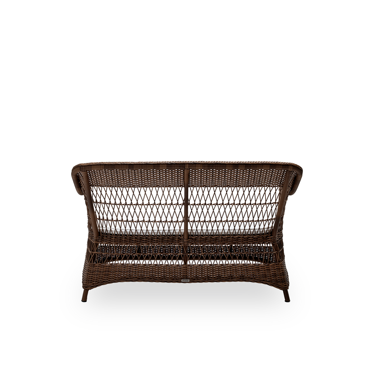 Einfache Rückansicht des Charlot Outdoor-2-Sitzer-Sofas mit Sitzkissen, aus braunem ArtFibre und Aluminium. Aus der Georgia Garden Kollektion von Sika-Design, inspiriert vom britischen Kolonialstil und klassischen dänischen Flechtmöbeln.