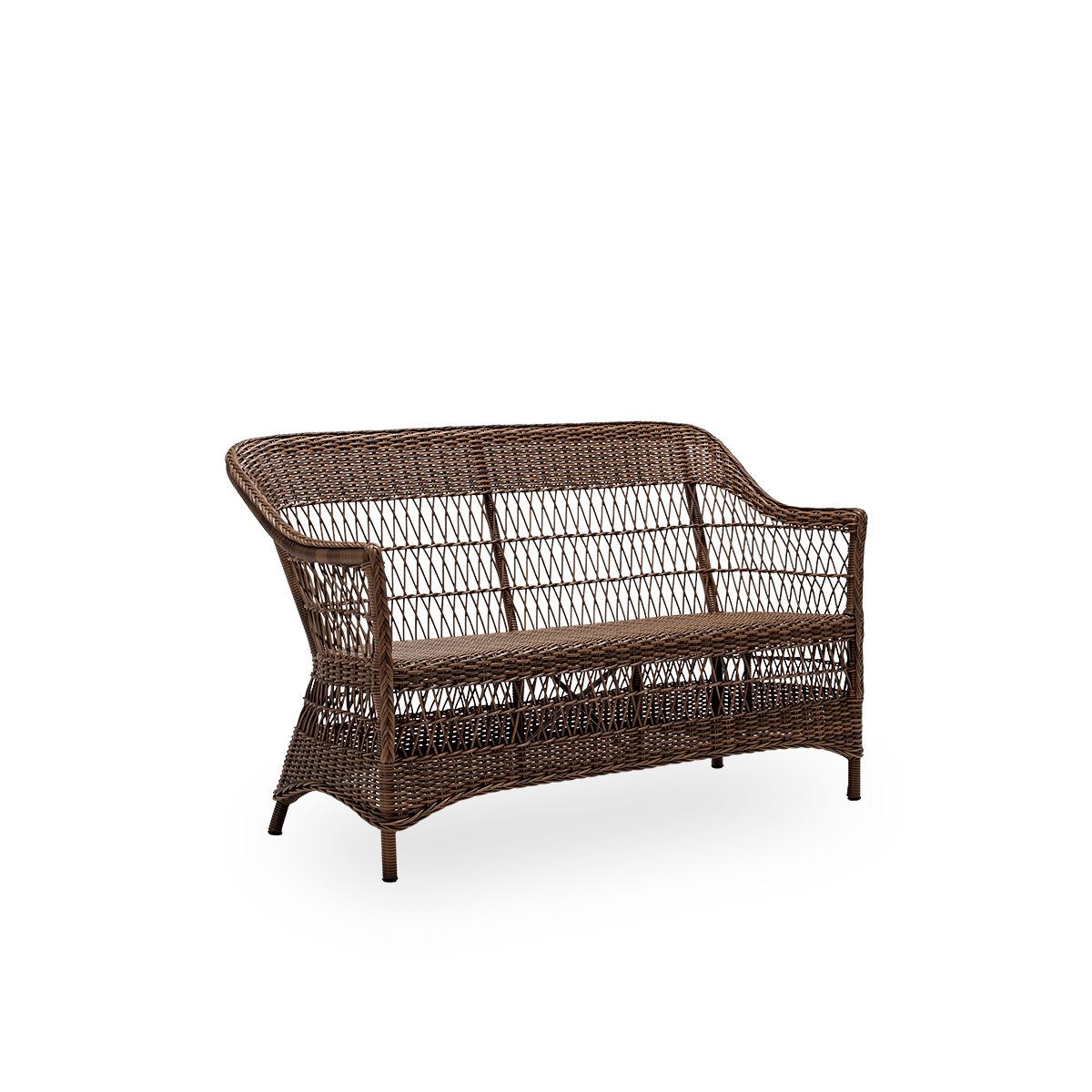 Seitenansicht des Charlot Outdoor-2-Sitzer-Sofas, aus braunem ArtFibre und Aluminium. Aus der Georgia Garden Kollektion von Sika-Design, inspiriert vom britischen Kolonialstil und klassischen dänischen Flechtmöbeln.