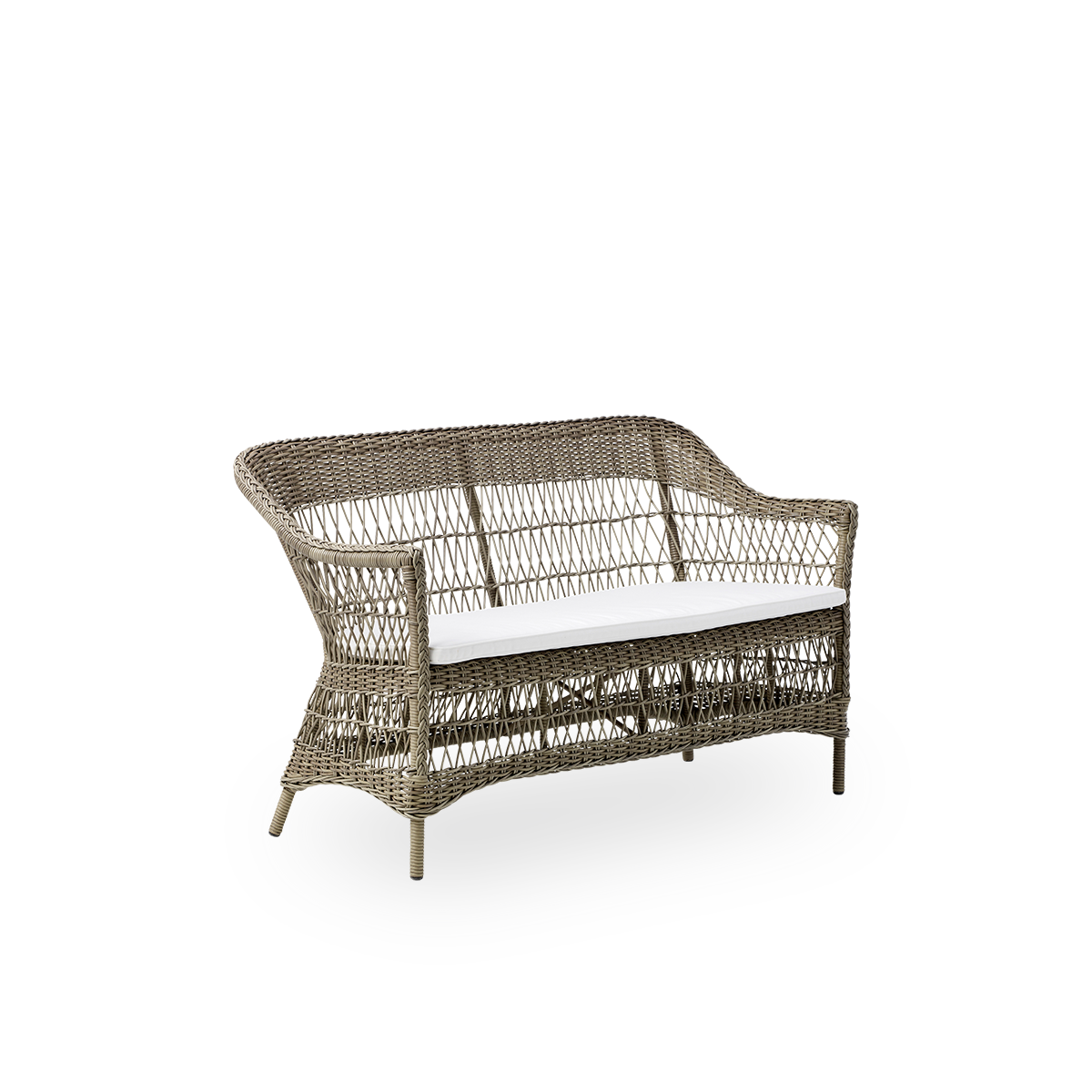 Seitenansicht des Charlot 2-Sitzer-Outdoor-Sofas in Antique Grey, ein vollständig geflochtenes Outdoor-Sofa im britischen Kolonialstil, handgefertigt aus ArtFibre auf langlebigen Aluminiumrahmen.