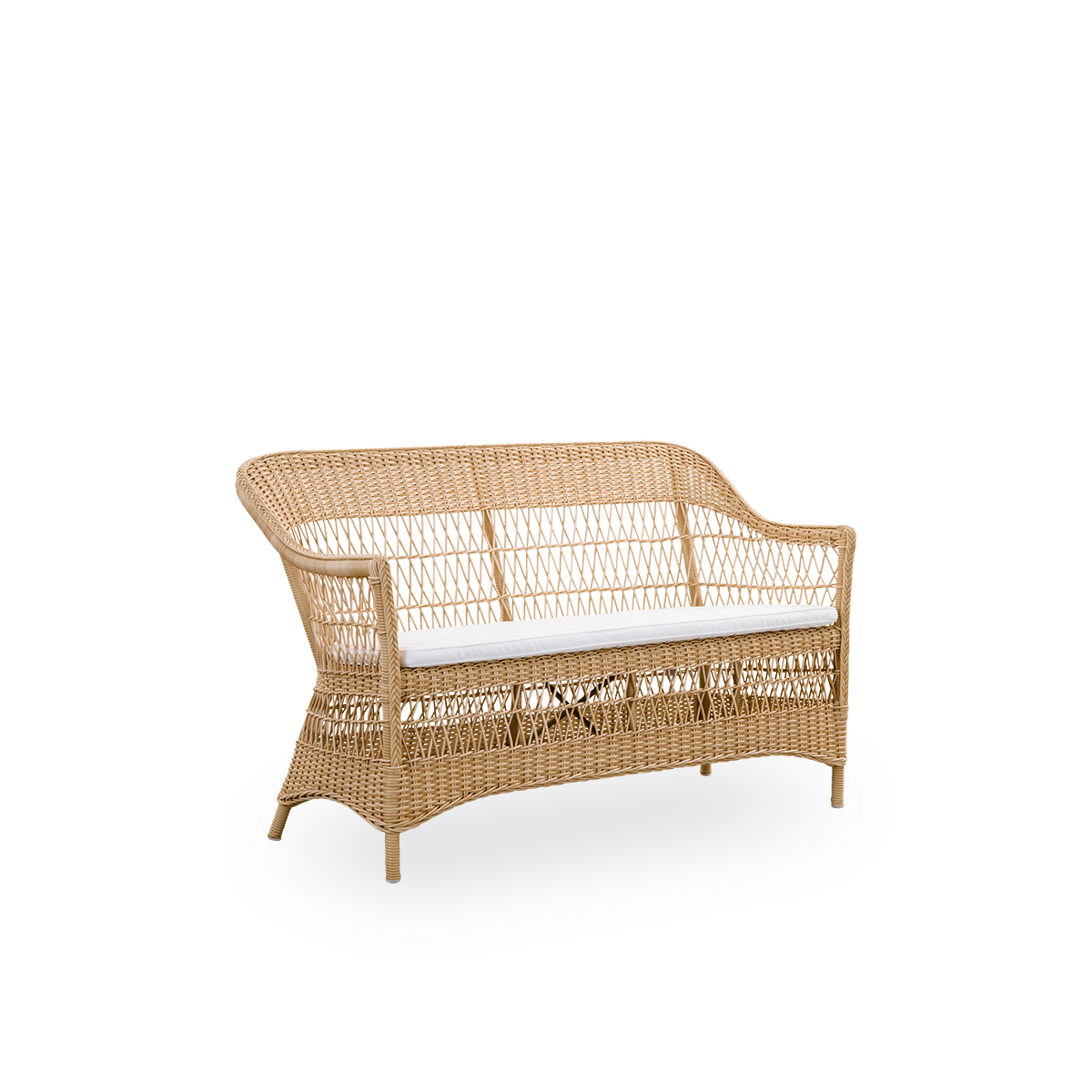 Seitenansicht des Charlot 2-Sitzer-Outdoor-Sofas in natürlicher Farbe, ein vollständig geflochtenes Outdoor-Sofa im britischen Kolonialstil, handgefertigt aus ArtFibre auf langlebigen Aluminiumrahmen.