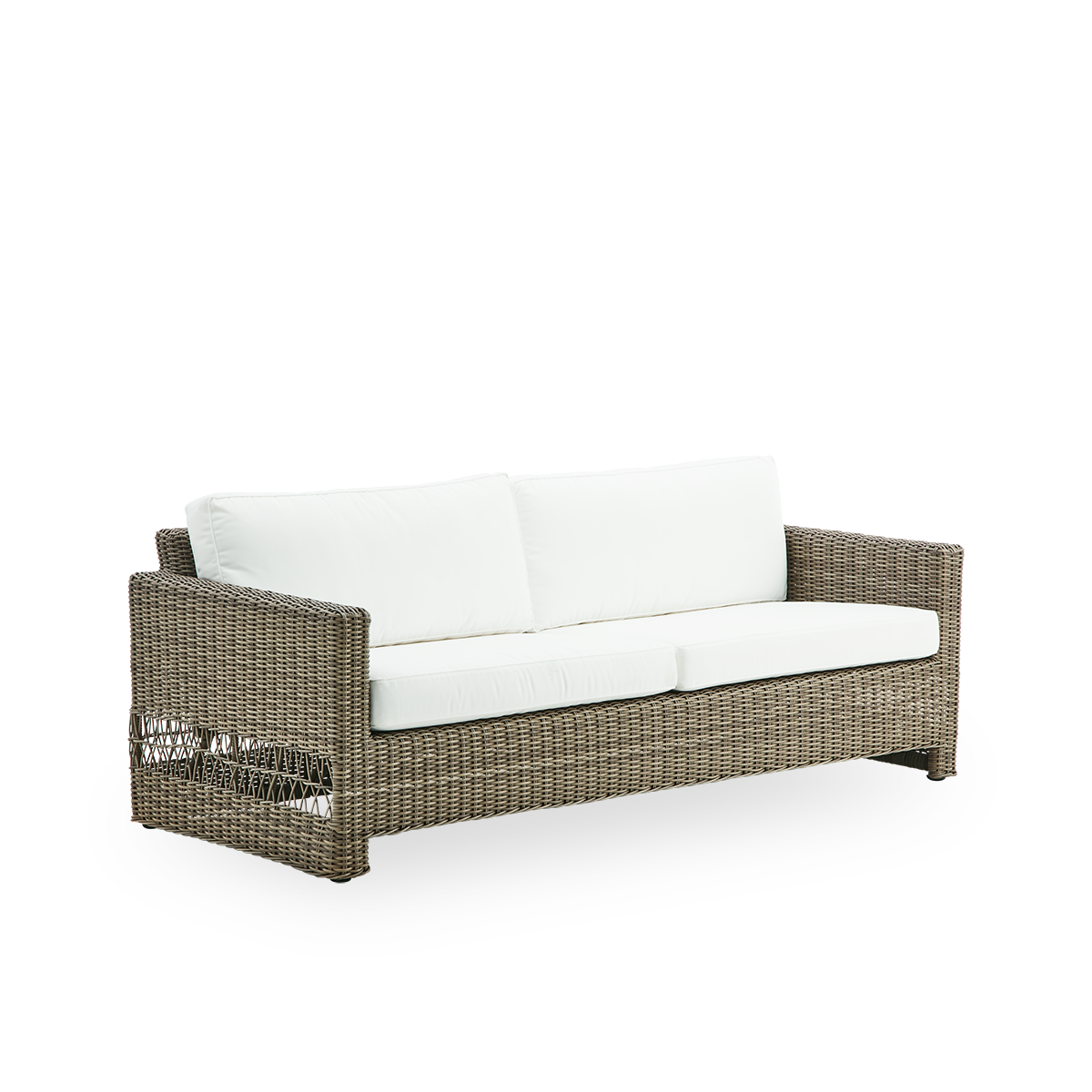 Seitenansicht des Carrie Outdoor-Sofas in der Farbe Antique. Quadratisches, robustes 3-Sitzer-Sofa mit Aluminiumrahmen, vollständig in ArtFibre geflochten.