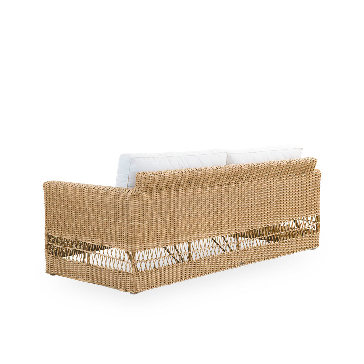 Rückansicht des Carrie-Außensofas in der Farbe Natur. Quadratisches, robustes 3-Sitzer-Sofa mit Aluminiumrahmen, vollständig mit ArtFibre umflochten.