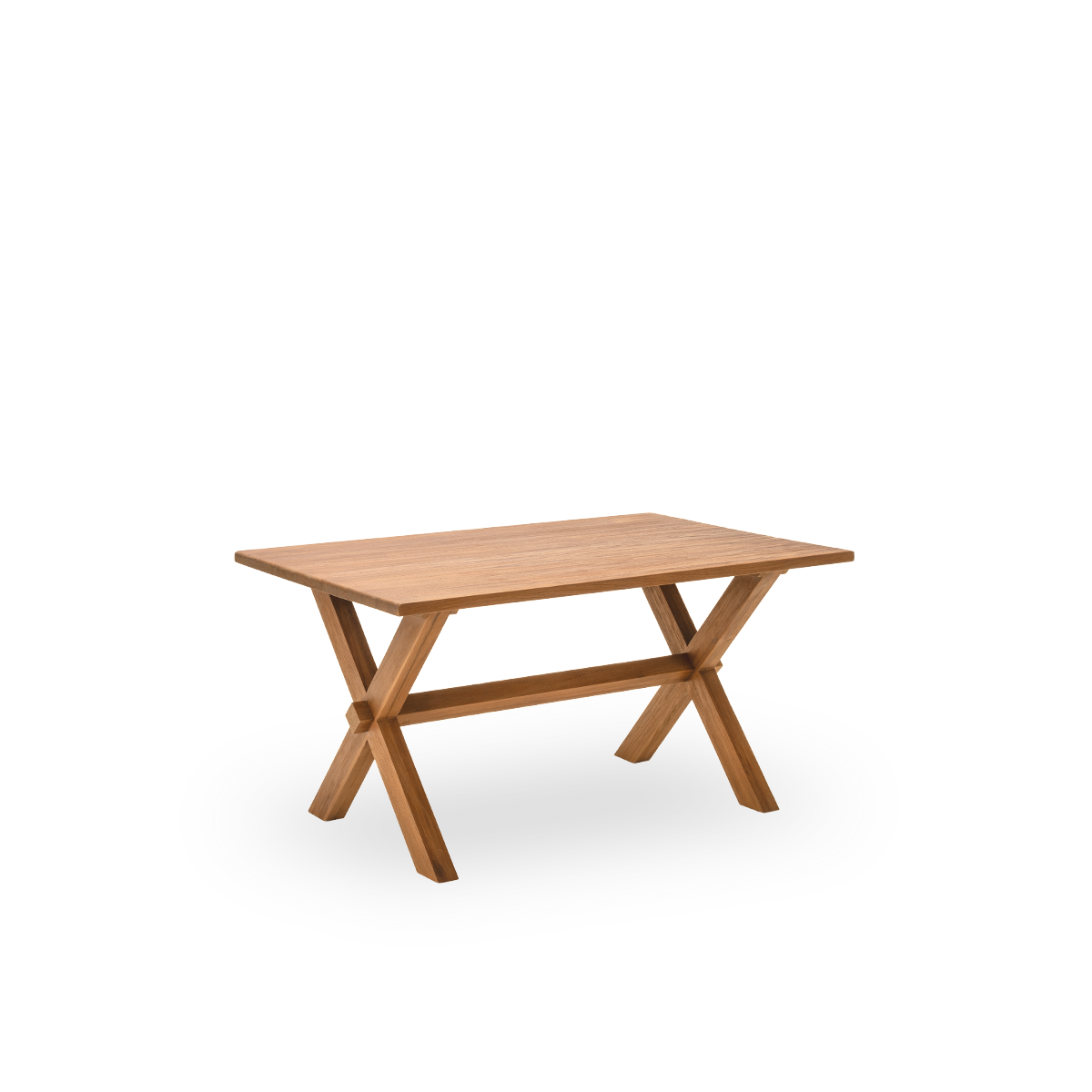 Seitenansicht des Hugo Esstisches, 140x90 cm, aus Teakholz mit natürlicher, patinierter Oberfläche. Oberflächenbehandelt, um die natürliche Maserung des Holzes hervorzuheben, mit Platz für vier.