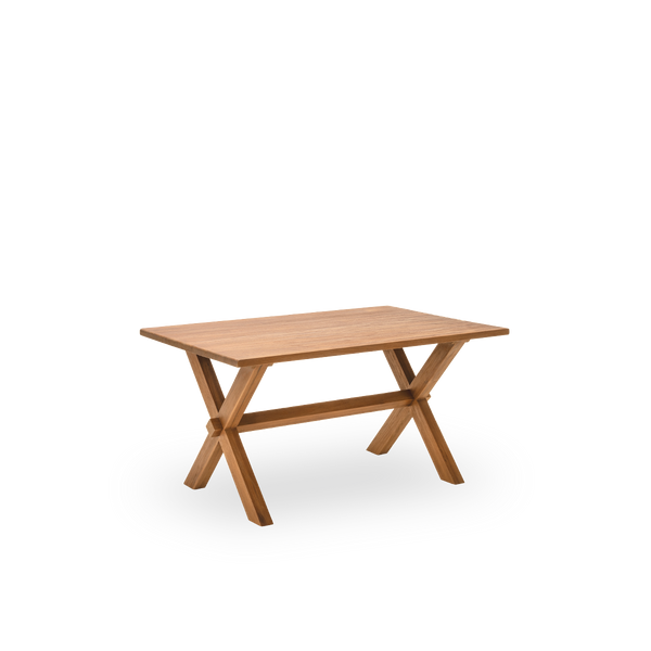 Seitenansicht des Hugo Esstisches, 140x90 cm, aus Teakholz mit natürlicher, patinierter Oberfläche. Oberflächenbehandelt, um die natürliche Maserung des Holzes hervorzuheben, mit Platz für vier.