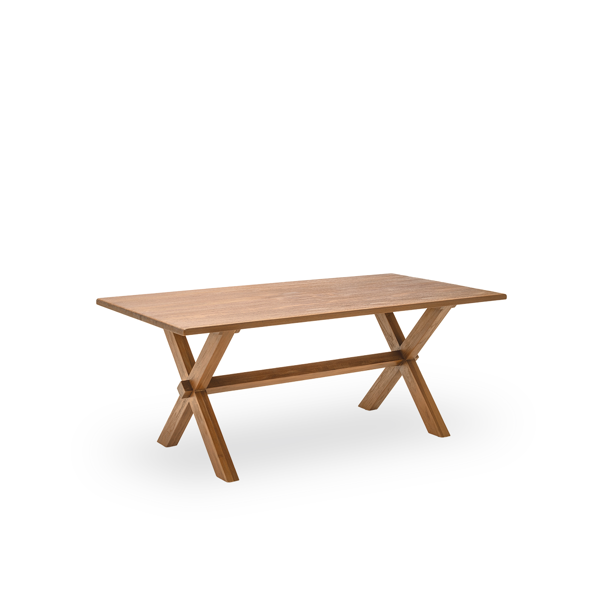 Seitenansicht des Hugo Esstisches, 180x90 cm, aus Teakholz mit natürlicher, patinierter Oberfläche. Oberflächenbehandelt, um die natürliche Maserung des Holzes hervorzuheben, mit Platz für sechs.