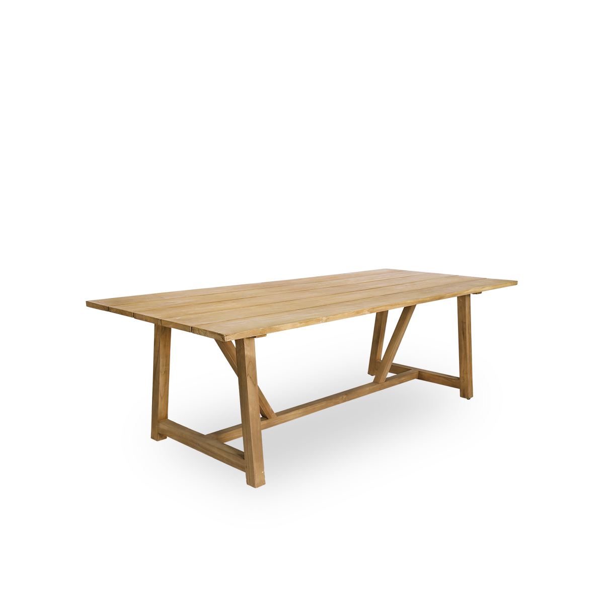 Seitenansicht des George Outdoor-Teak-Esstisches 240x100 cm, geeignet für 8 Personen. Der Tisch hat eine kastanienbraune Farbe, wobei die Holzplanken mit einem kleinen Abstand zueinander angeordnet sind.