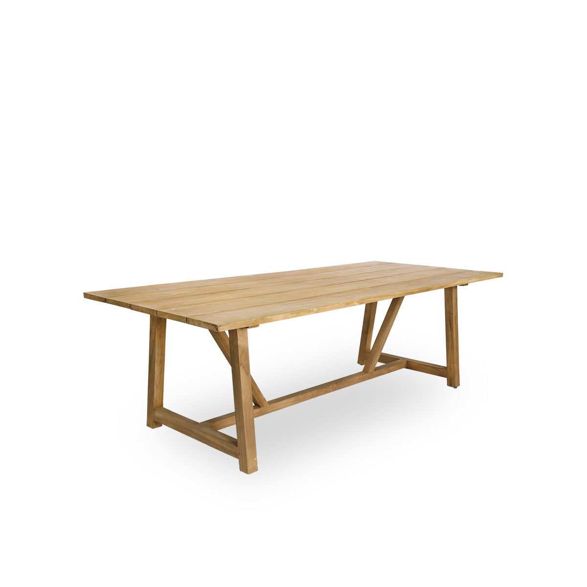 Seitenansicht des George Outdoor-Teak-Esstisches 240x100 cm, geeignet für 8 Personen. Der Tisch hat eine kastanienbraune Farbe, wobei die Holzplanken mit einem kleinen Abstand zueinander angeordnet sind.