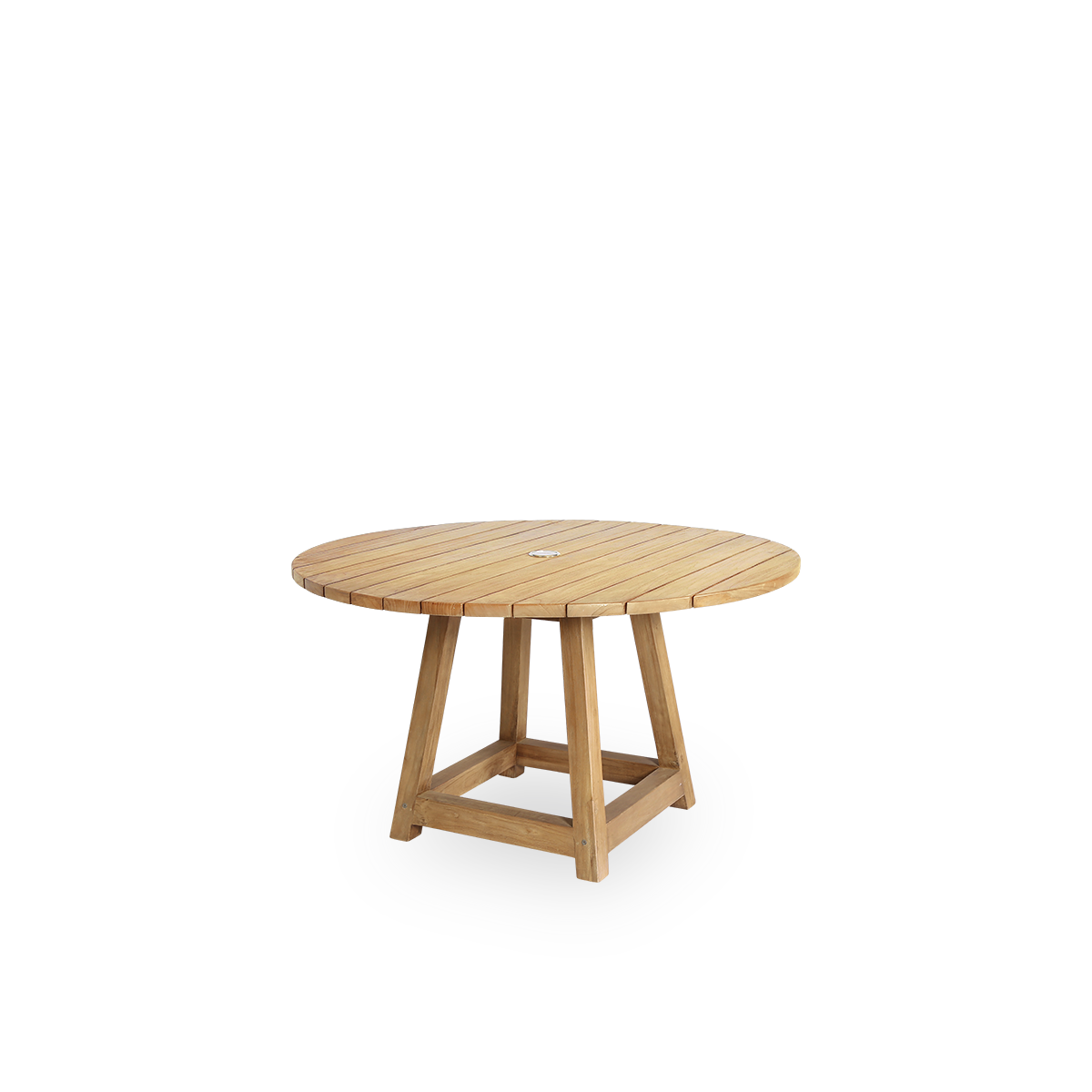 Seitenansicht des runden George Outdoor-Teak-Esstisches Ø120 cm, geeignet für 4 Personen, mit Loch für einen Sonnenschirm in der Mitte. Der Tisch ist handgefertigt aus hochwertigem indonesischem Teakholz, zertifiziert als „Indonesian Legal Wood“.