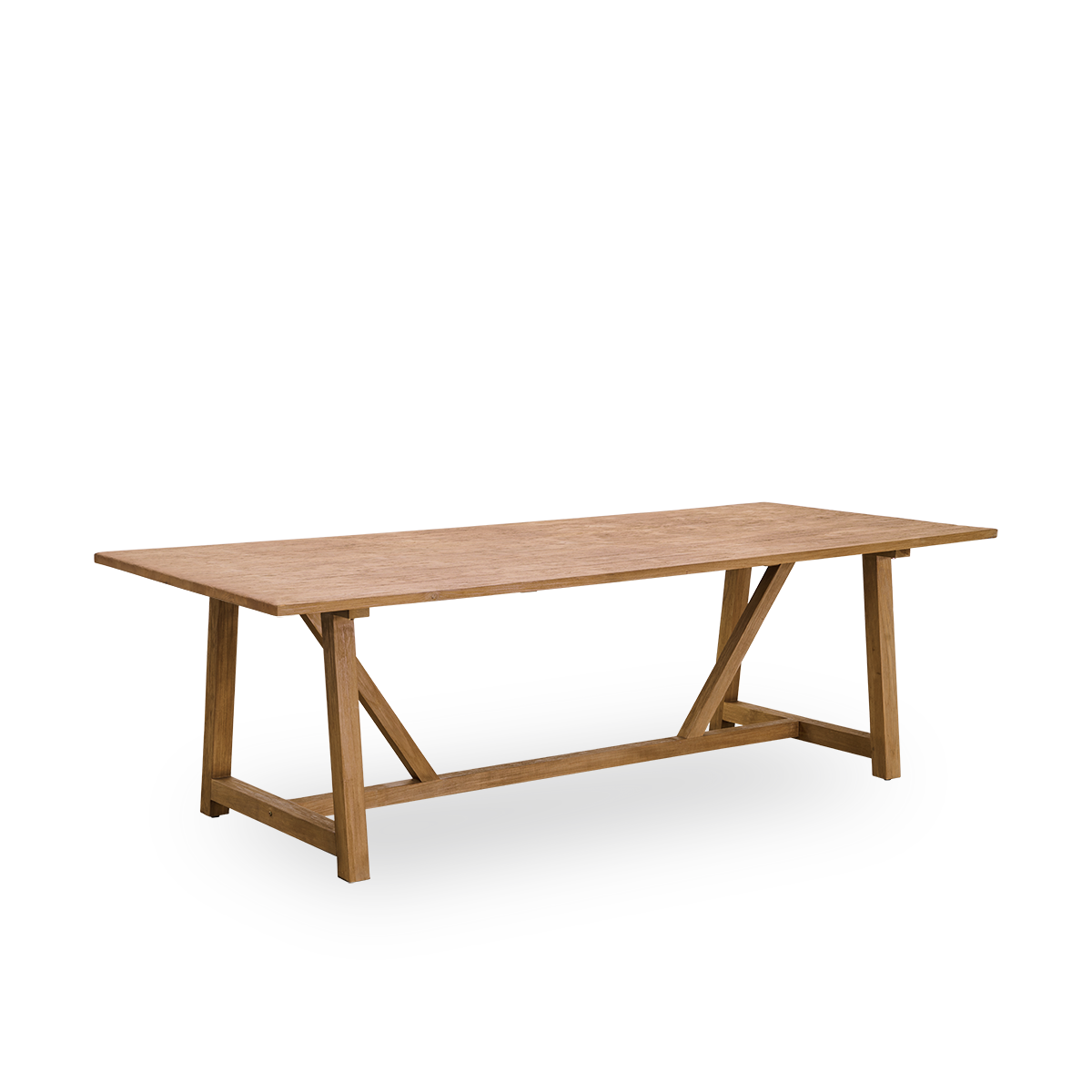 Seitenansicht des Lucas Indoor-Esstisches aus patiniertem Teakholz mit rustikalem, exklusivem Aussehen in natürlicher Kastanienfarbe. Größe 240×100 cm, Platz für 8 Personen.