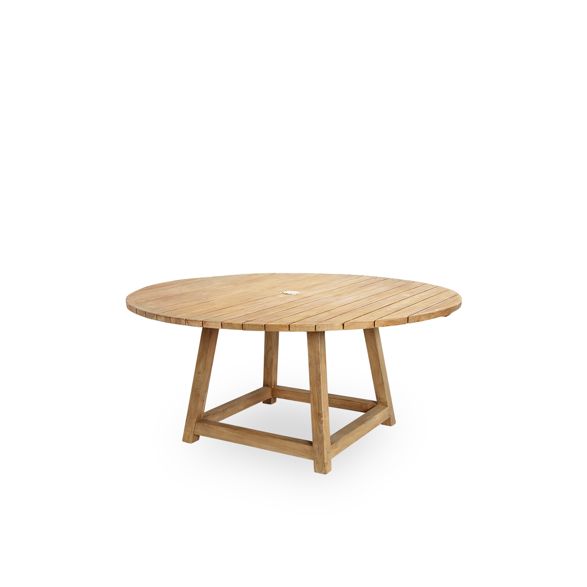 Seitenansicht des runden George Outdoor-Teak-Esstisches Ø160 cm, geeignet für 6 Personen, mit Loch für einen Sonnenschirm in der Mitte. Der Tisch hat eine kastanienbraune Farbe, wobei die Holzplanken mit einem kleinen Abstand zueinander angeordnet sind.