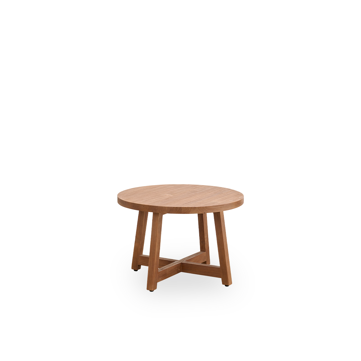 Seitenansicht eines runden Couchtisches mit einem Durchmesser von 75 cm und einer Höhe von 51 cm, aus Teakholz mit natürlicher, patinierter Oberfläche.