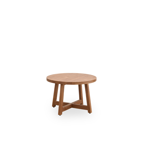 Seitenansicht eines runden Couchtisches mit einem Durchmesser von 75 cm und einer Höhe von 51 cm, aus Teakholz mit natürlicher, patinierter Oberfläche.