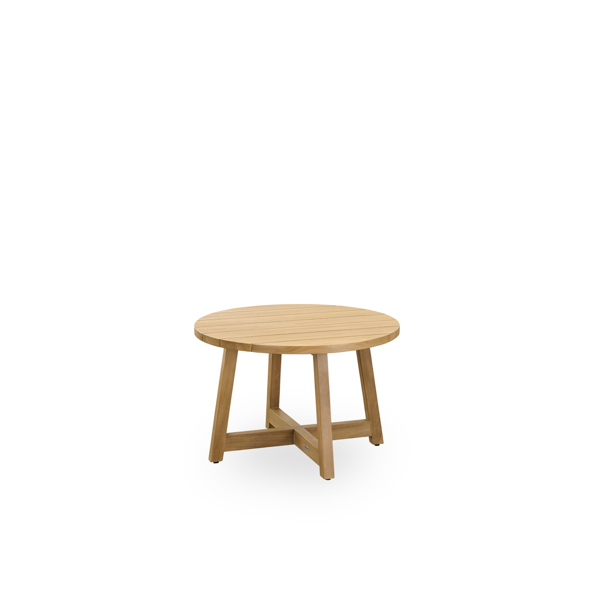 Seitenansicht des runden Victor Outdoor-Teak-Loungtisches Ø75 cm. Handgefertigt aus hochwertigem, zertifiziertem indonesischem Legal Wood.