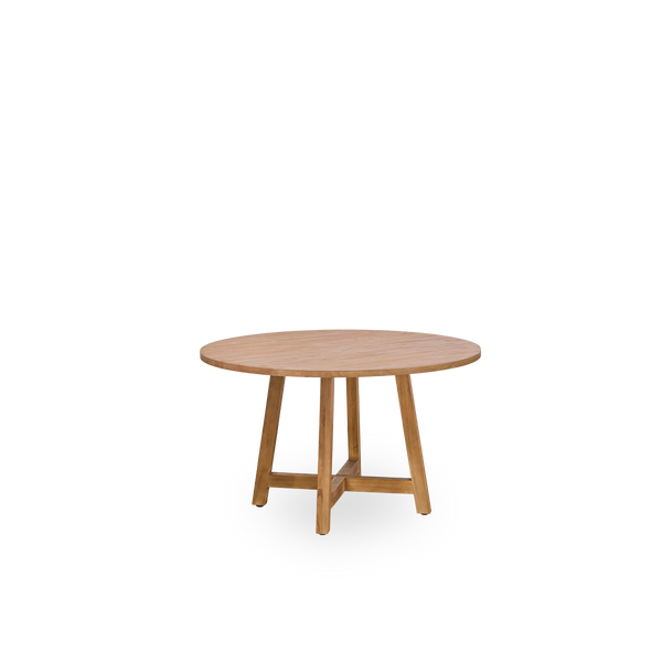 Seitenansicht eines Teak-Esstisches mit einem Durchmesser von 75 cm und einer Höhe von 51 cm. Aus Teakholz mit natürlicher, patinierter Oberfläche.