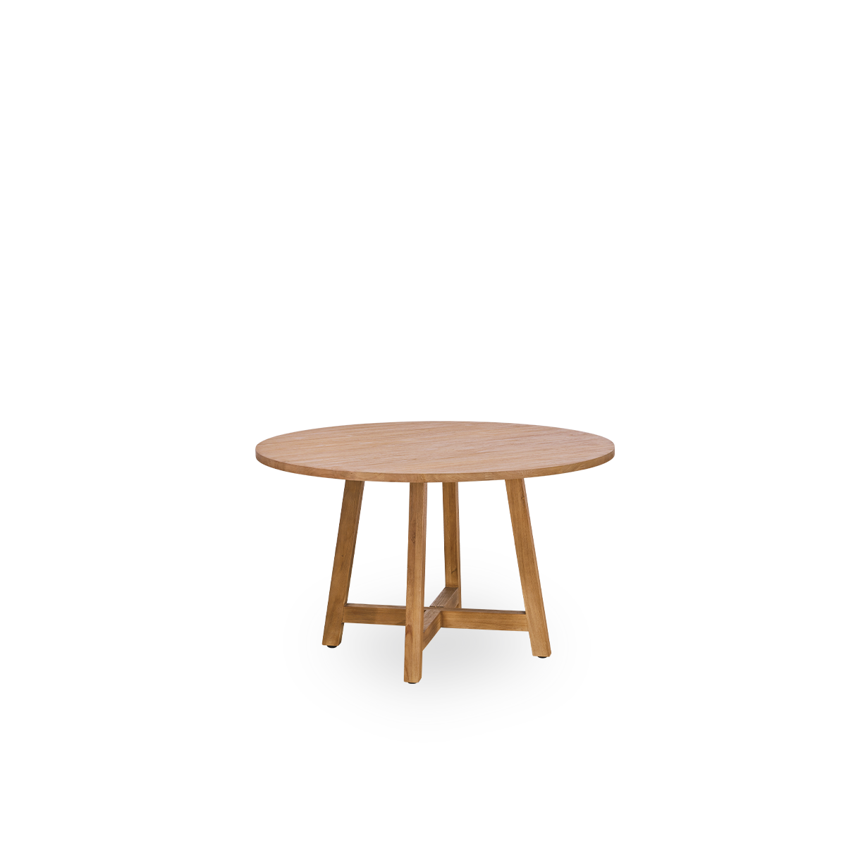 Seitenansicht eines Teak-Esstisches mit einem Durchmesser von 75 cm und einer Höhe von 51 cm. Aus Teakholz mit natürlicher, patinierter Oberfläche.