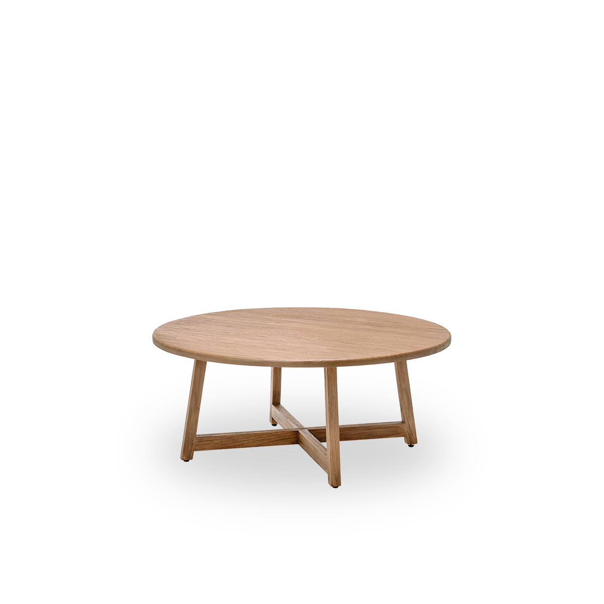 Seitenansicht des Aksel Couchtisches, Ø120 cm, aus Teakholz mit natürlicher, patinierter Oberfläche. Oberflächenbehandelt, um die natürliche Maserung hervorzuheben, mit charmant rustikaler Anmutung.