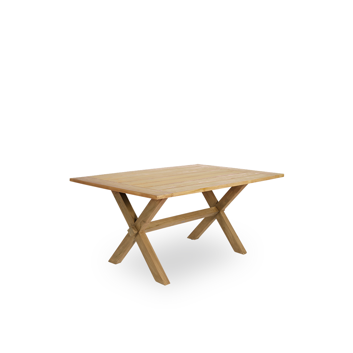 Seitenansicht des Colonial Outdoor-Teak-Esstisches 160x100 cm, geeignet für 4 Personen. Der Tisch hat eine braune Kastanienfarbe, wobei die Holzplatten mit einem kleinen Abstand zueinander angeordnet sind.