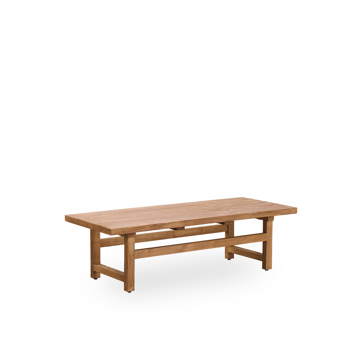 Seitenansicht des Alfred Couchtisches, 140x55 cm, gefertigt aus legalem indonesischem Holz, mit patiniertem Teak und rustikalem Finish, das das natürliche Holz und das solide Design hervorhebt.