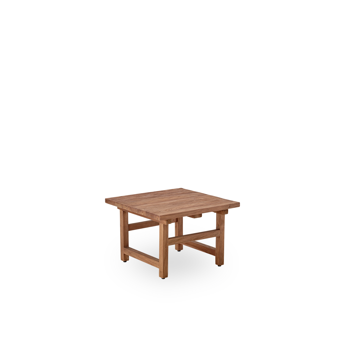 Seitenansicht des Alfred Teak-Beistelltisches, 60x60 cm, gefertigt aus legalem indonesischem Holz, mit patiniertem Teak und rustikalem Finish, das das natürliche Holz und das solide Design betont.