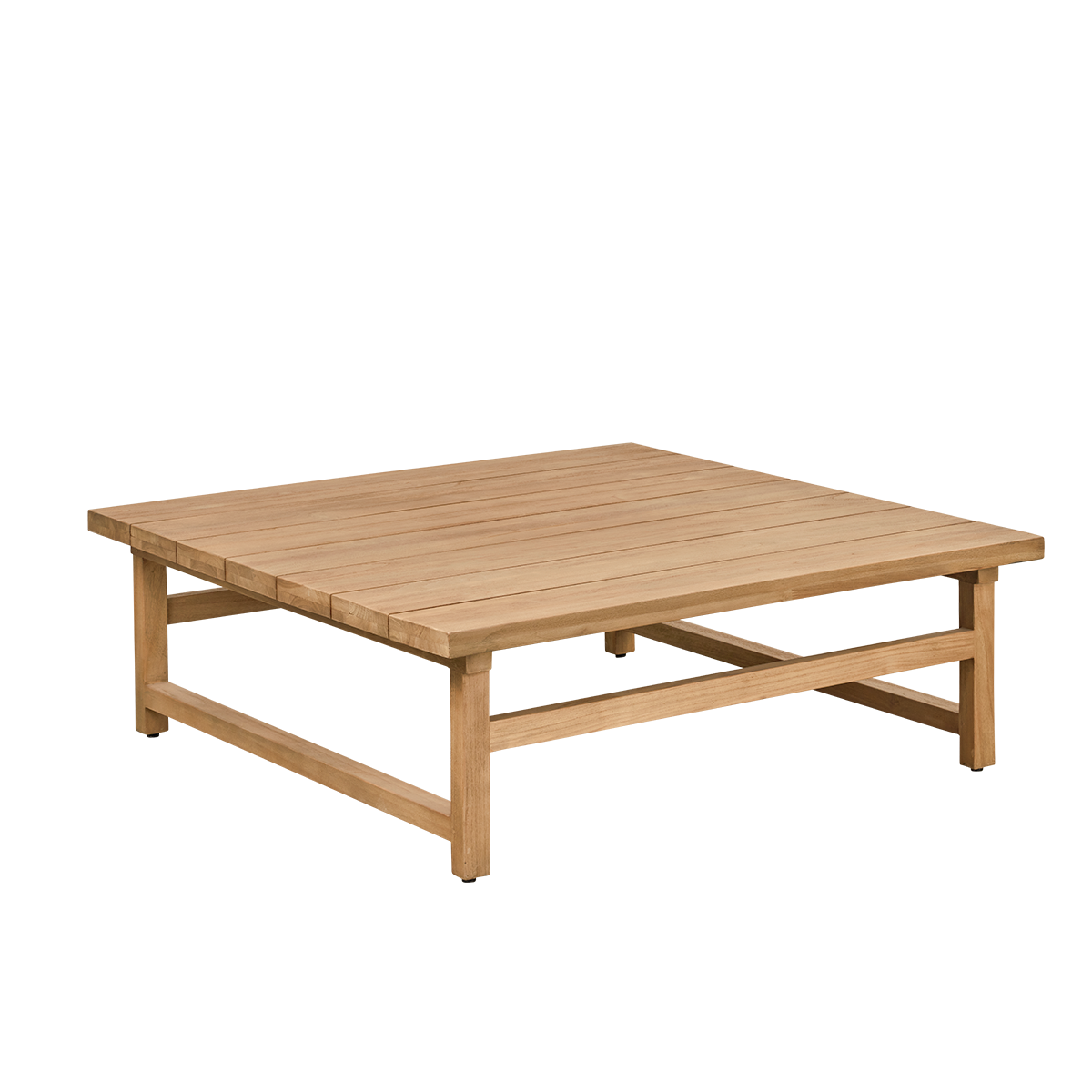 Seitenansicht des Julian Outdoor-Loungetischs aus Teakholz, 120×120 cm, handgefertigt aus Premium-Teak aus Indonesien in kastanienbrauner Farbe, zertifiziert als „Indonesian Legal Wood“.