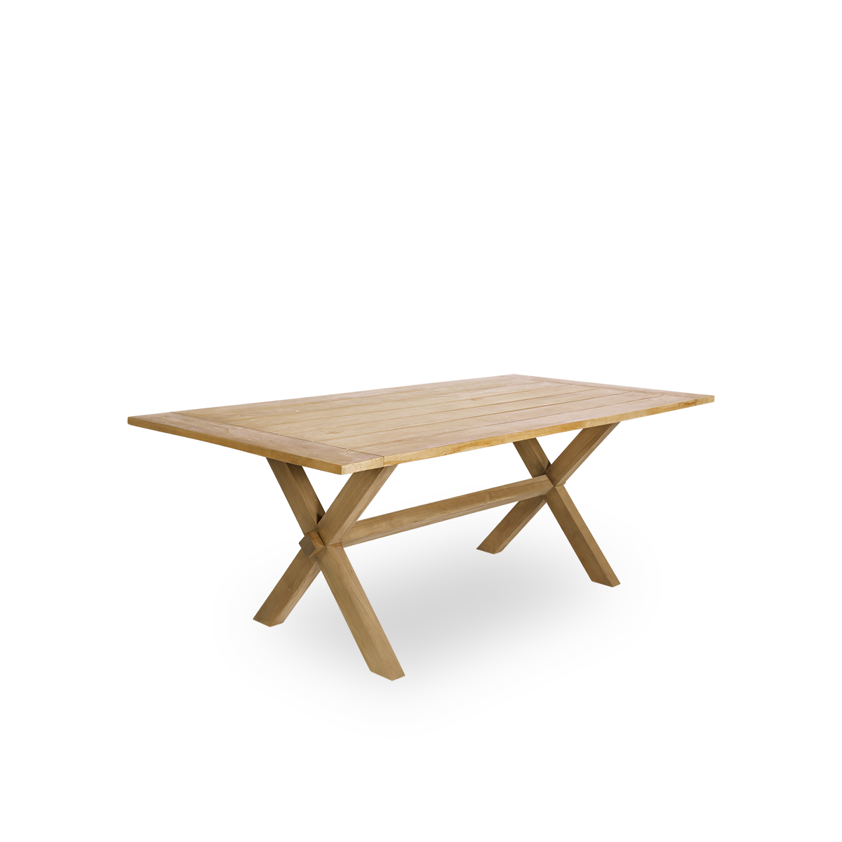 Seitenansicht des Colonial Outdoor-Teak-Esstisches 200x100 cm, geeignet für 6 Personen. Der Tisch hat eine braune Kastanienfarbe, wobei die Holzplatten mit einem kleinen Abstand zueinander angeordnet sind.