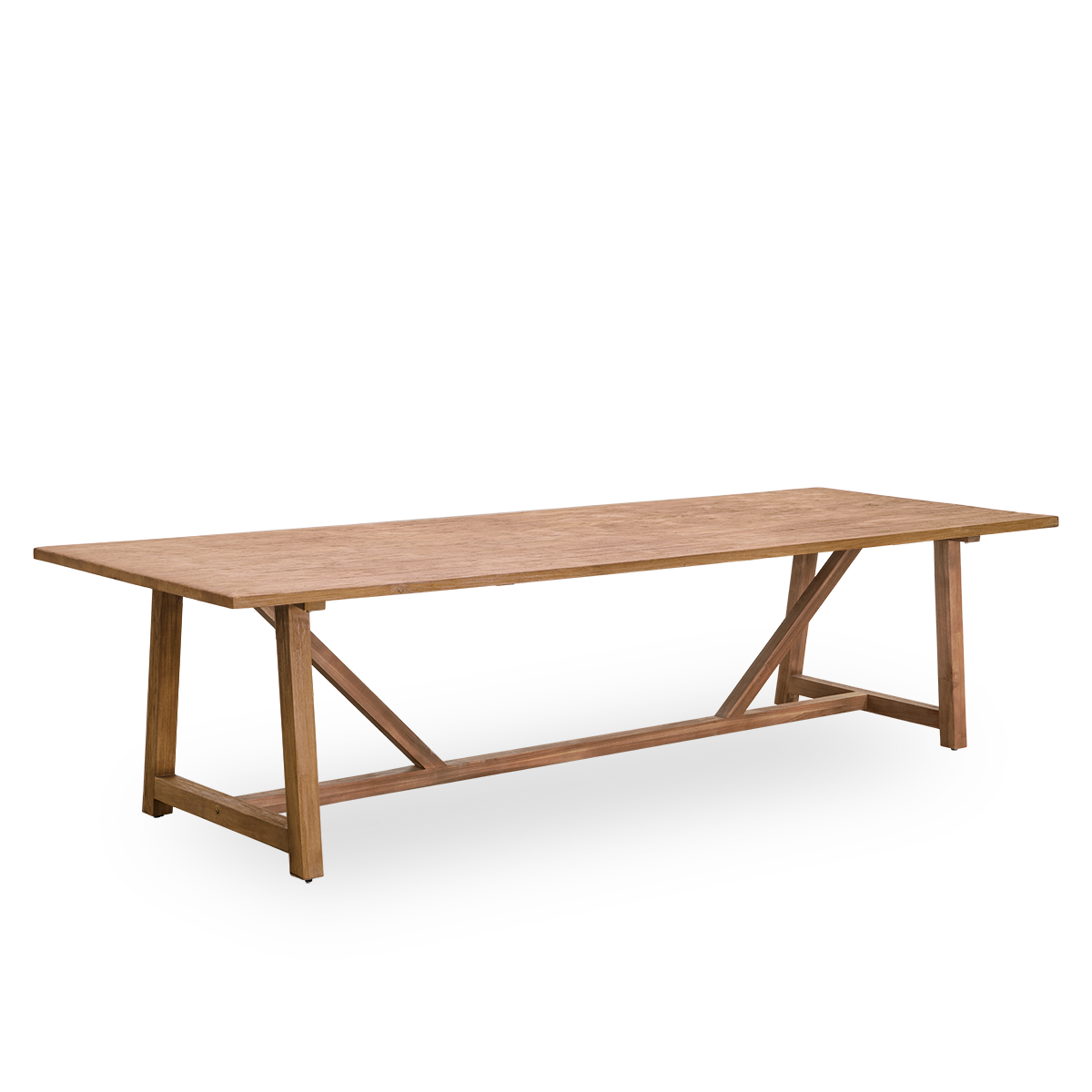 Seitenansicht des Lucas Indoor-Esstisches aus patiniertem Teakholz mit rustikalem, exklusivem Aussehen in natürlicher Kastanienfarbe. Größe 300×100 cm, Platz für 10 Personen.