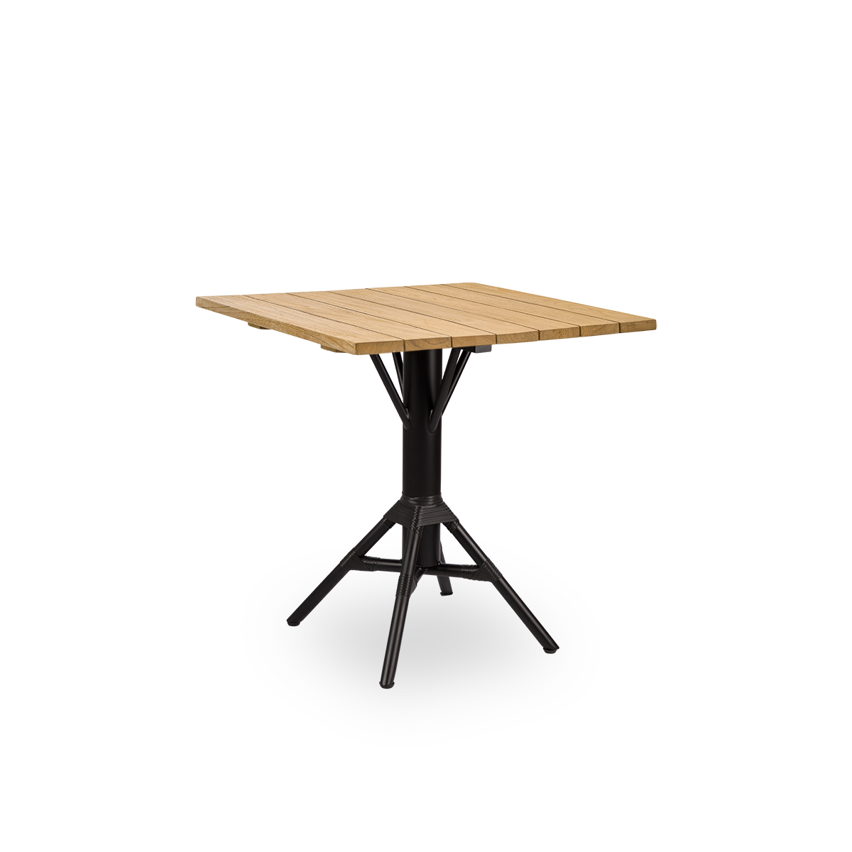 Seitenansicht des Nicole Outdoor-Café-Tisches, inspiriert vom französischen Café-Stil. Pulverbeschichtete schwarze Aluminiumstütze mit ArtFibre-Umschlingungen, mit runder Teakholzplatte in Kastanienbraun, Ø80 cm.