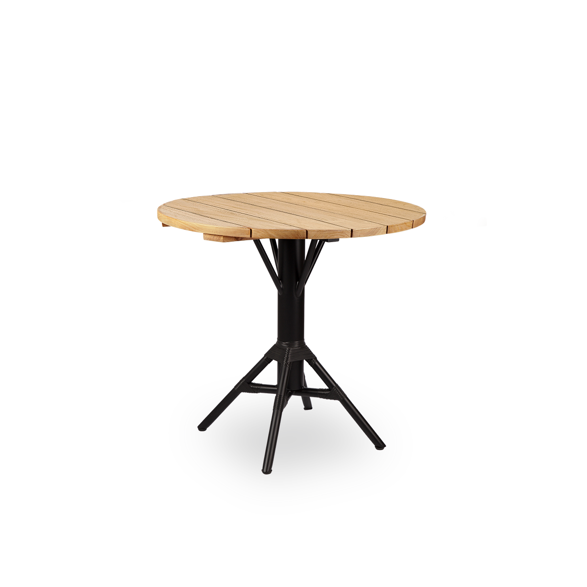 Seitenansicht des Nicole Outdoor-Café-Tisches, inspiriert vom französischen Café-Stil. Pulverbeschichtete schwarze Aluminiumstütze mit ArtFibre-Umschlingungen, mit runder Teakholzplatte in Kastanienbraun, Ø80 cm.