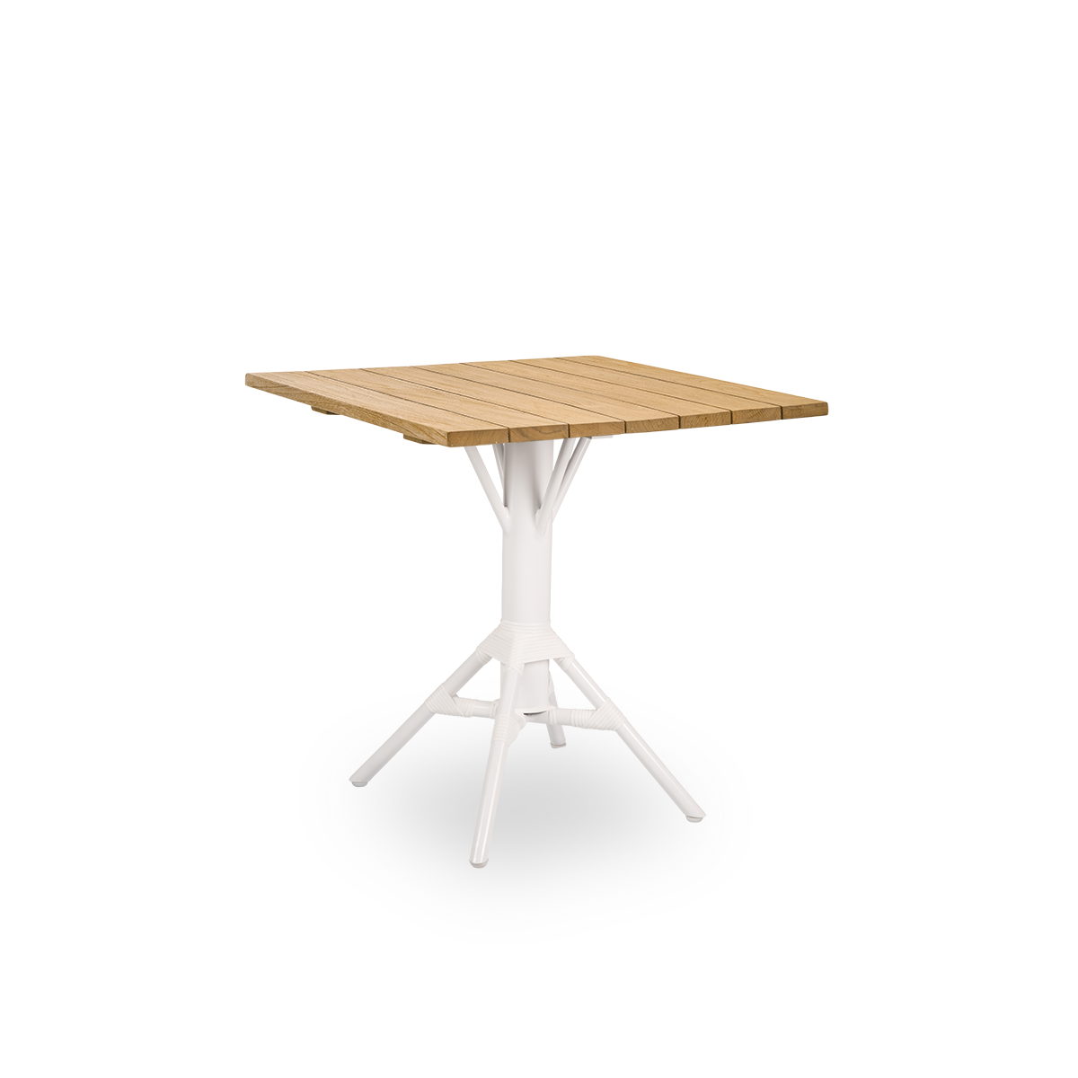 Seitenansicht des Nicole Outdoor-Café-Tisches, inspiriert vom französischen Café-Stil. Pulverbeschichtete weiße Aluminiumstütze mit ArtFibre-Umschlingungen, mit runder Teakholzplatte in Kastanienbraun, Ø80 cm.