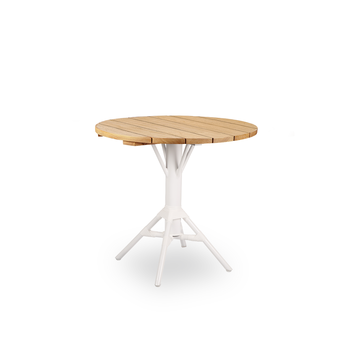 Seitenansicht des Nicole Outdoor-Café-Tisches, inspiriert vom französischen Café-Stil. Pulverbeschichtete weiße Aluminiumstütze mit ArtFibre-Umschlingungen, mit runder Teakholzplatte in Kastanienbraun, Ø80 cm.