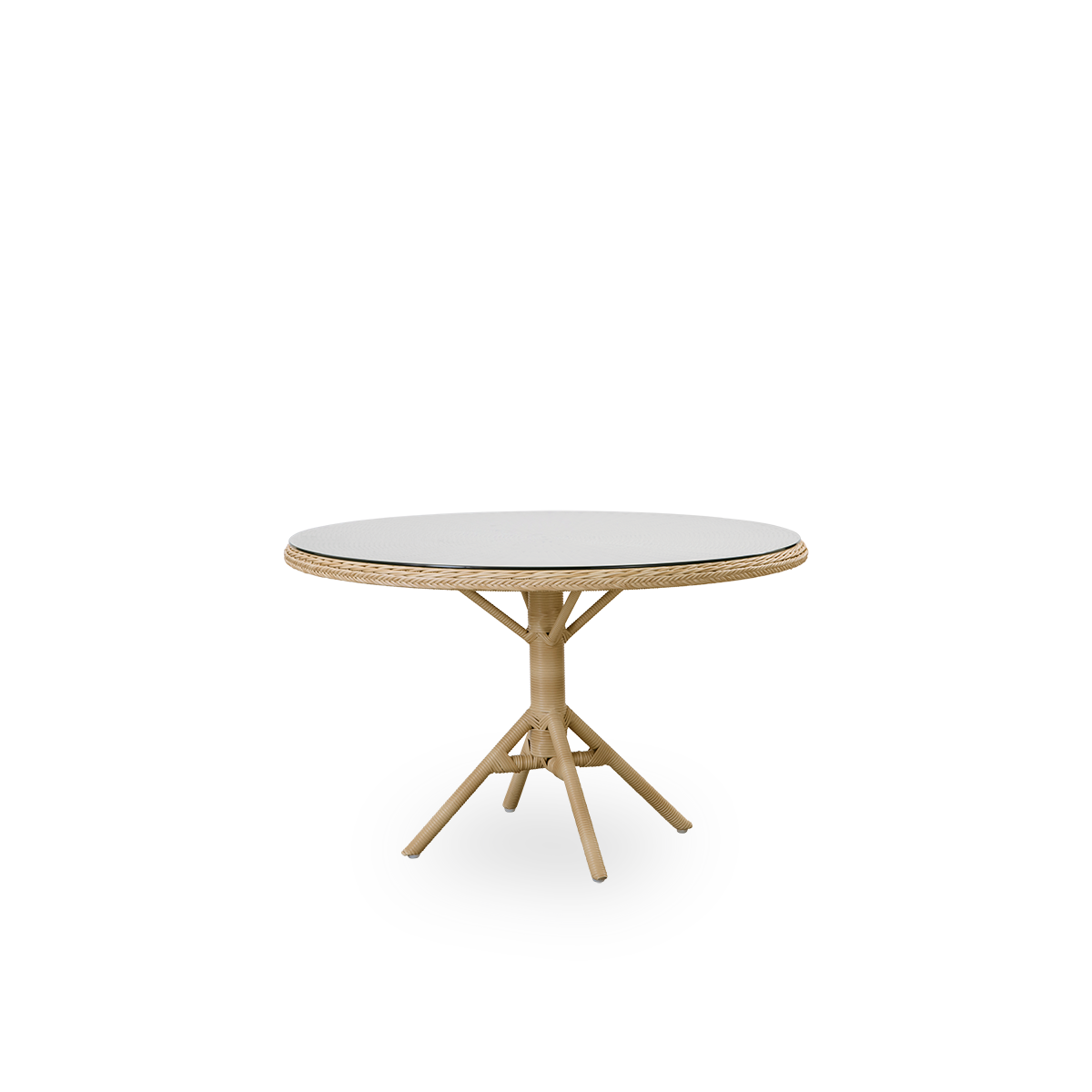 Seitenansicht des Grace Outdoor-Esstisches in Natural im britischen Kolonialstil. Aluminiumrahmen vollständig mit ArtFibre geflochten, mit abnehmbarer Glasplatte.