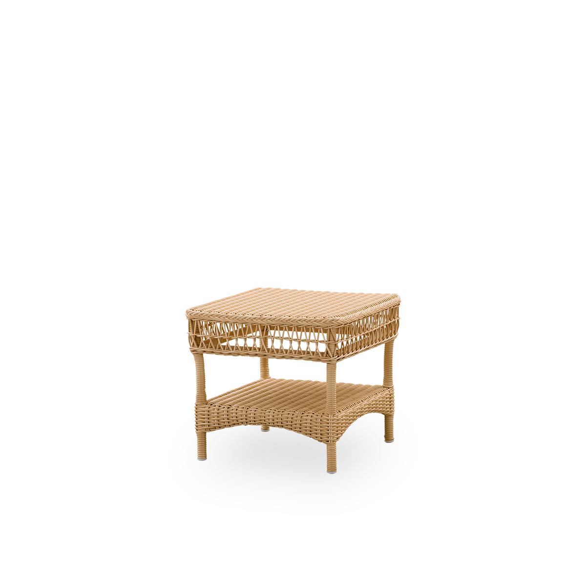 Seitenansicht des Susy Exterior Beistischs in Natur-Farbe, inspiriert vom britischen Kolonialstil. Aluminiumrahmen vollständig mit ArtFibre geflochten.