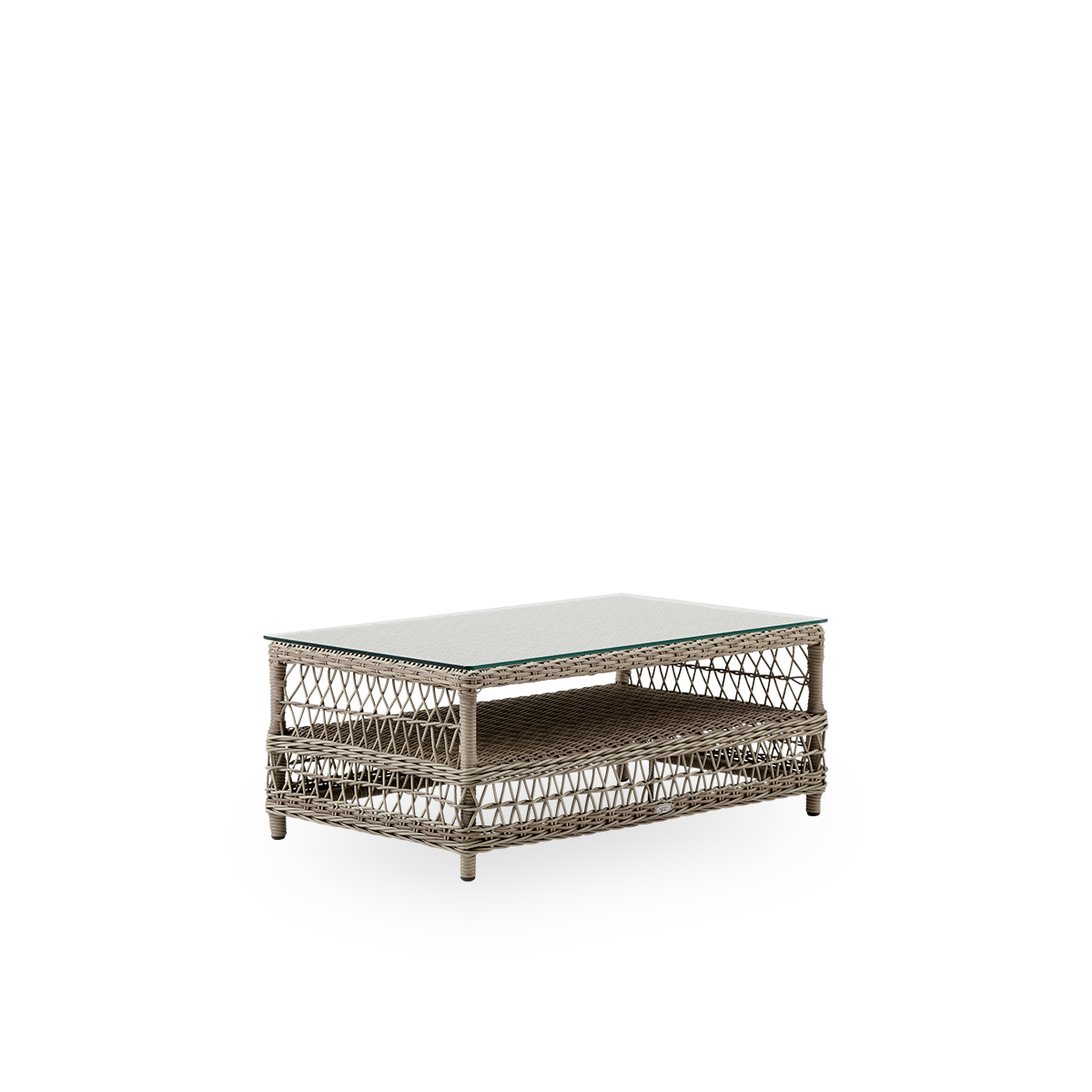 Seitenansicht des Hazel Outdoor-Loungtisches in der Farbe Antique Grey, Größe 100x60 cm und Höhe 44 cm, vollständig aus ArtFibre auf einem Aluminiumrahmen geflochten, mit 8 mm lose aufgelegter Glasplatte.