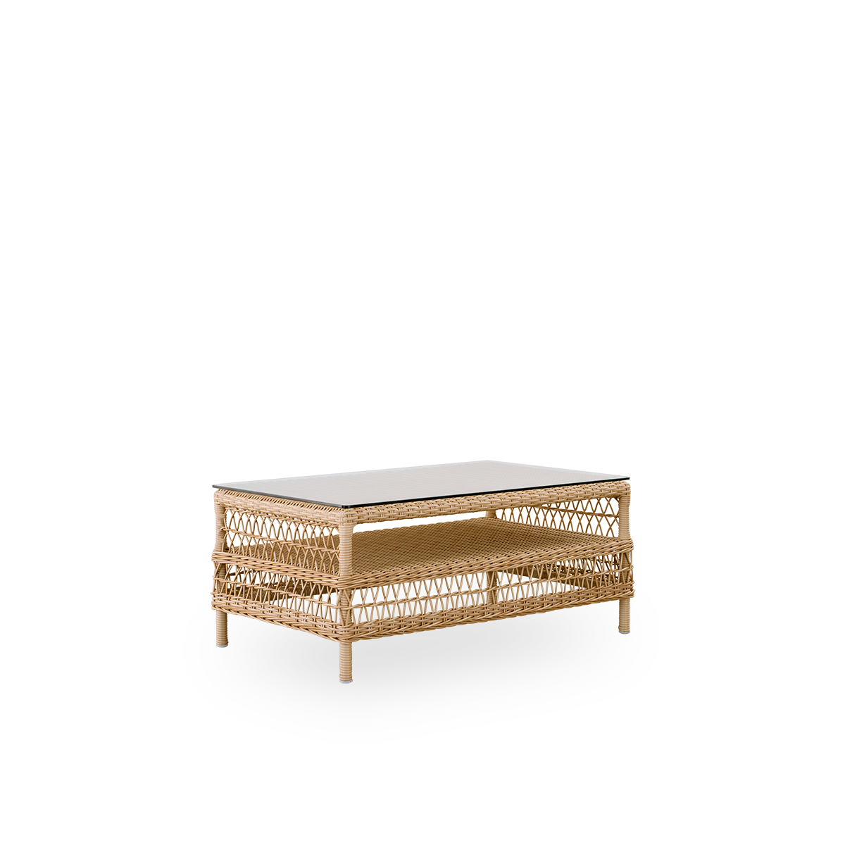 Seitenansicht des Hazel Outdoor-Loungtisches in Naturfarbe, Größe 100x60 cm und Höhe 44 cm, vollständig aus ArtFibre auf einem Aluminiumrahmen geflochten, mit 8 mm lose aufgelegter Glasplatte.