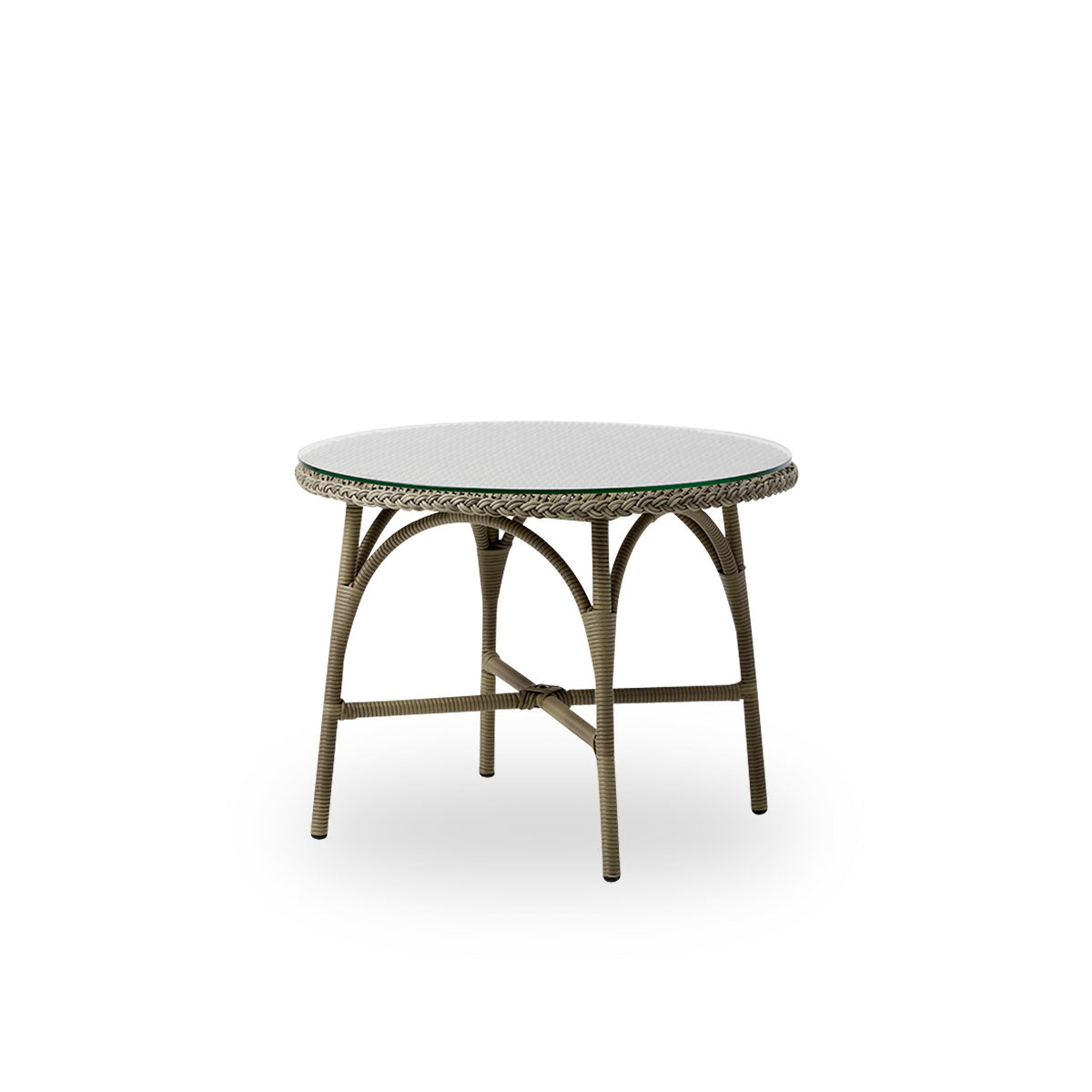 Seitenansicht des runden Victoria Outdoor-Couchtisches mit Glasplatte Ø80 cm. Aluminiumrahmen, vollständig mit ArtFibre in Antique Grey geflochten.