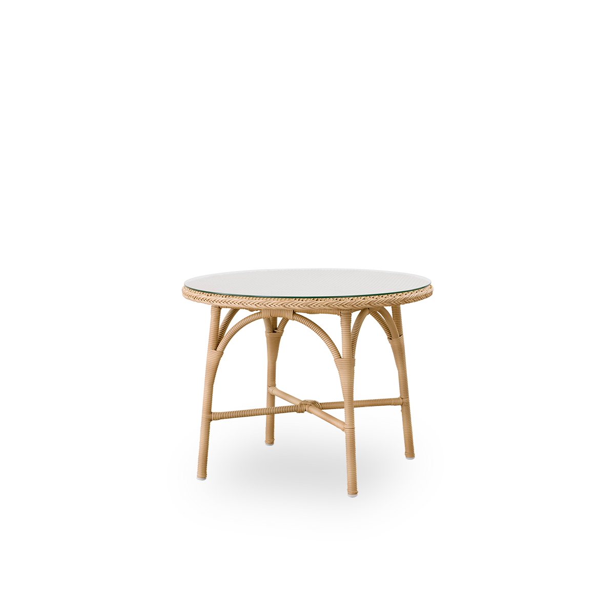 Seitenansicht des runden Victoria Outdoor-Couchtisches mit Glasplatte Ø80 cm. Aluminiumrahmen, vollständig mit ArtFibre in Naturfarbe geflochten.