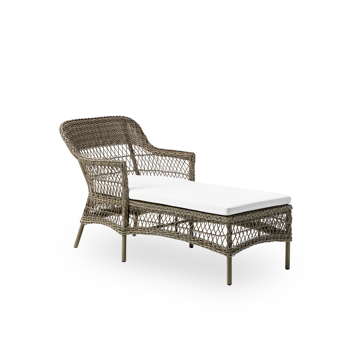 Seitenansicht der Olivia Outdoor-Chaiselounge in Antique Grey-Farbe. Aluminiumrahmen vollständig mit ArtFibre geflochten. Romantischer Look, inspiriert vom britischen Kolonialstil.