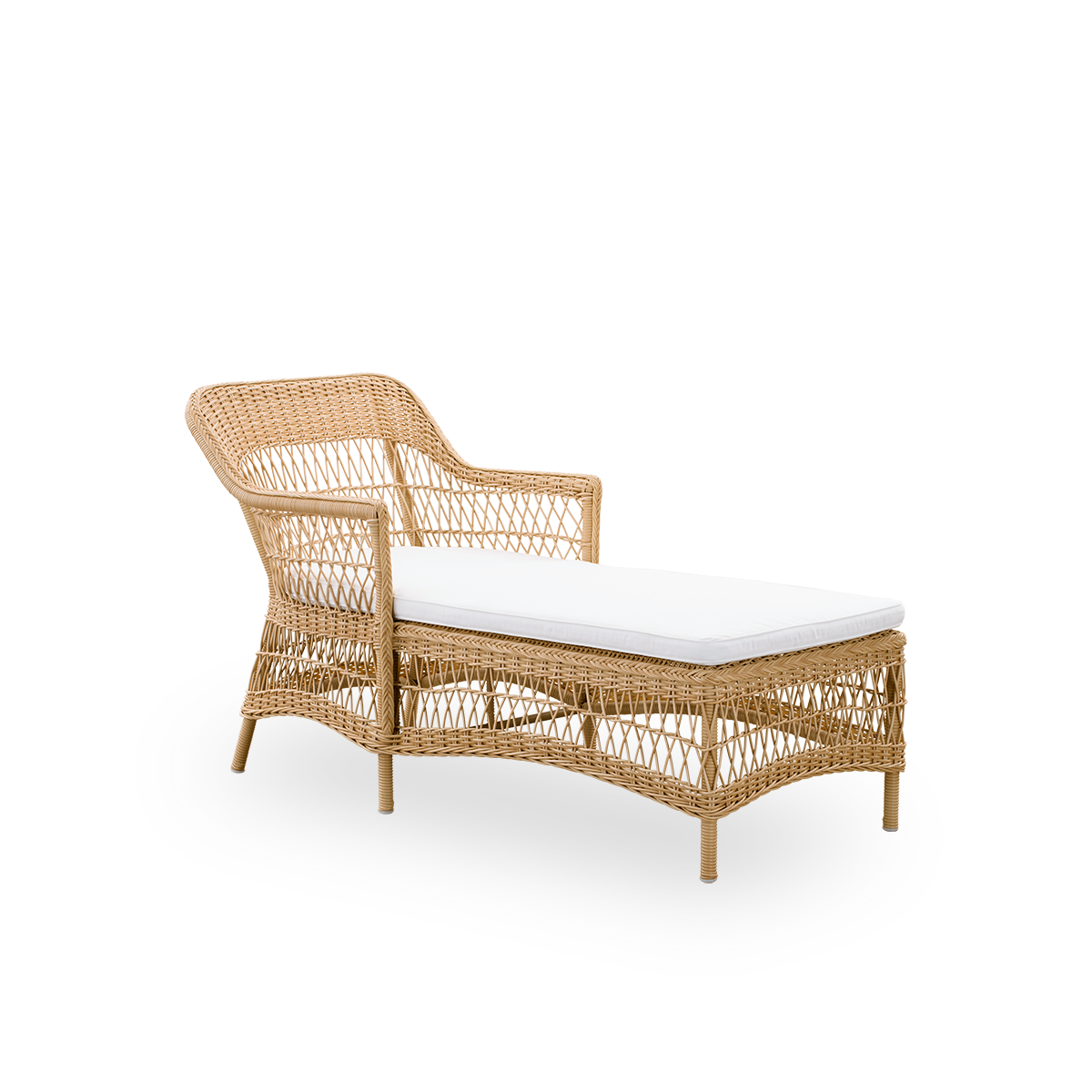 Seitenansicht der Olivia Outdoor-Chaiselounge in Natural-Farbe. Aluminiumrahmen vollständig mit ArtFibre geflochten. Romantischer Look, inspiriert vom britischen Kolonialstil.