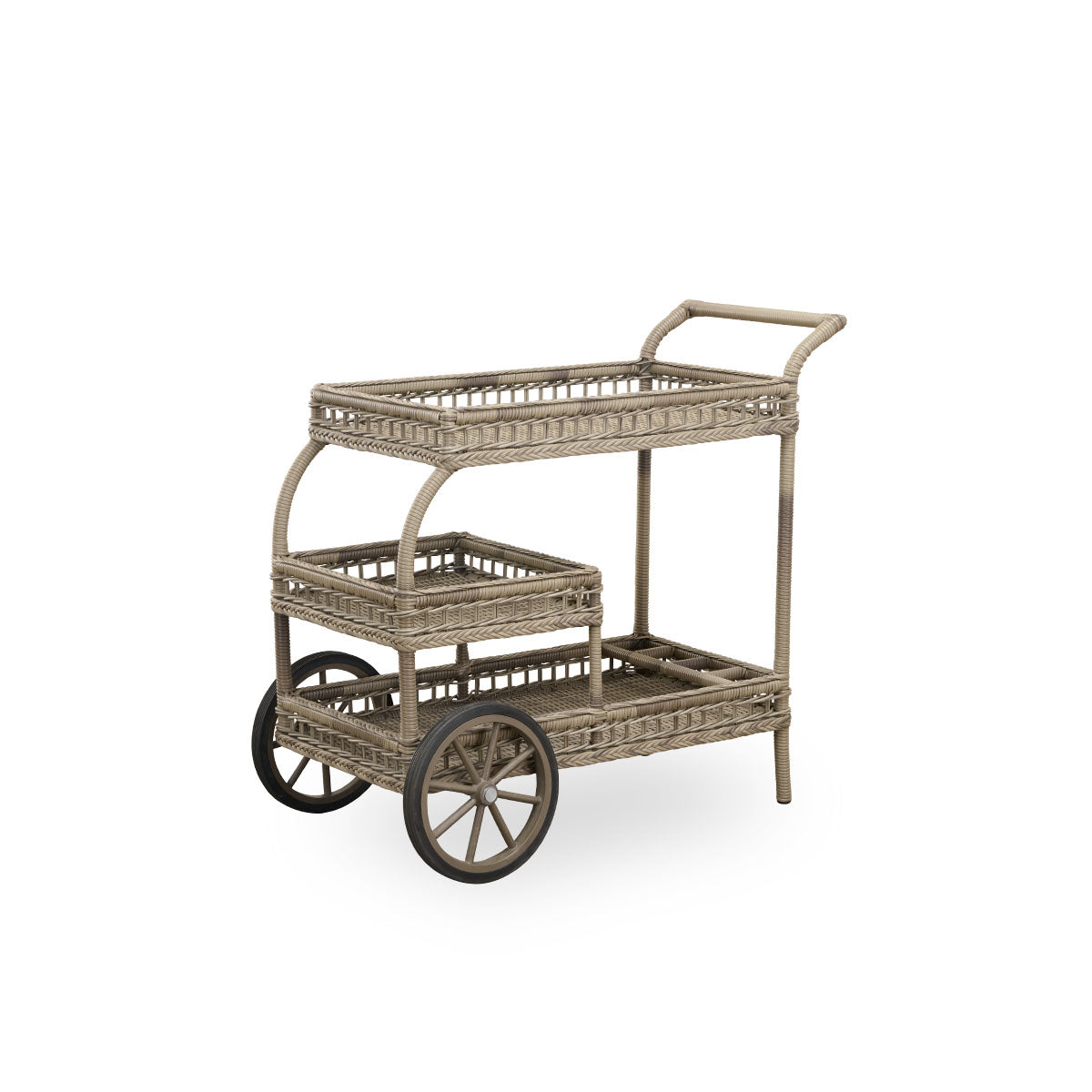 Seitenansicht des James Outdoor-Barwagens in Antique Grey. Handgefertigt aus ArtFibre auf handgebogenem Aluminiumrahmen mit detaillierten Flechtungen und zwei Rädern für einfachen Transport.