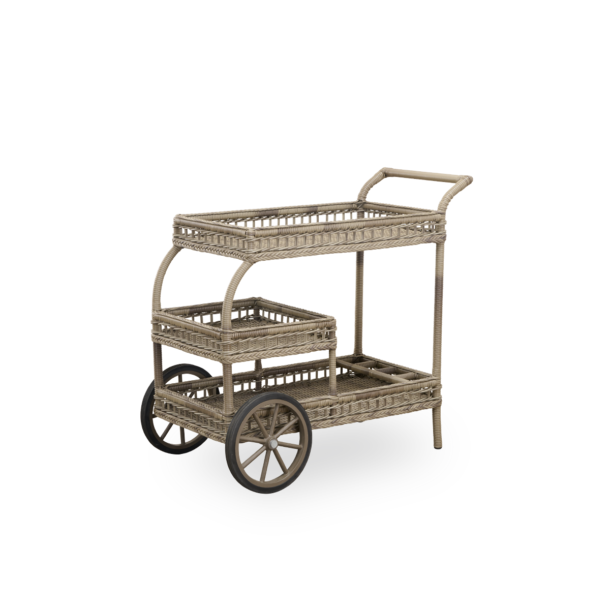 Seitenansicht des James Outdoor-Barwagens in Antique Grey. Handgefertigt aus ArtFibre auf handgebogenem Aluminiumrahmen mit detaillierten Flechtungen und zwei Rädern für einfachen Transport.