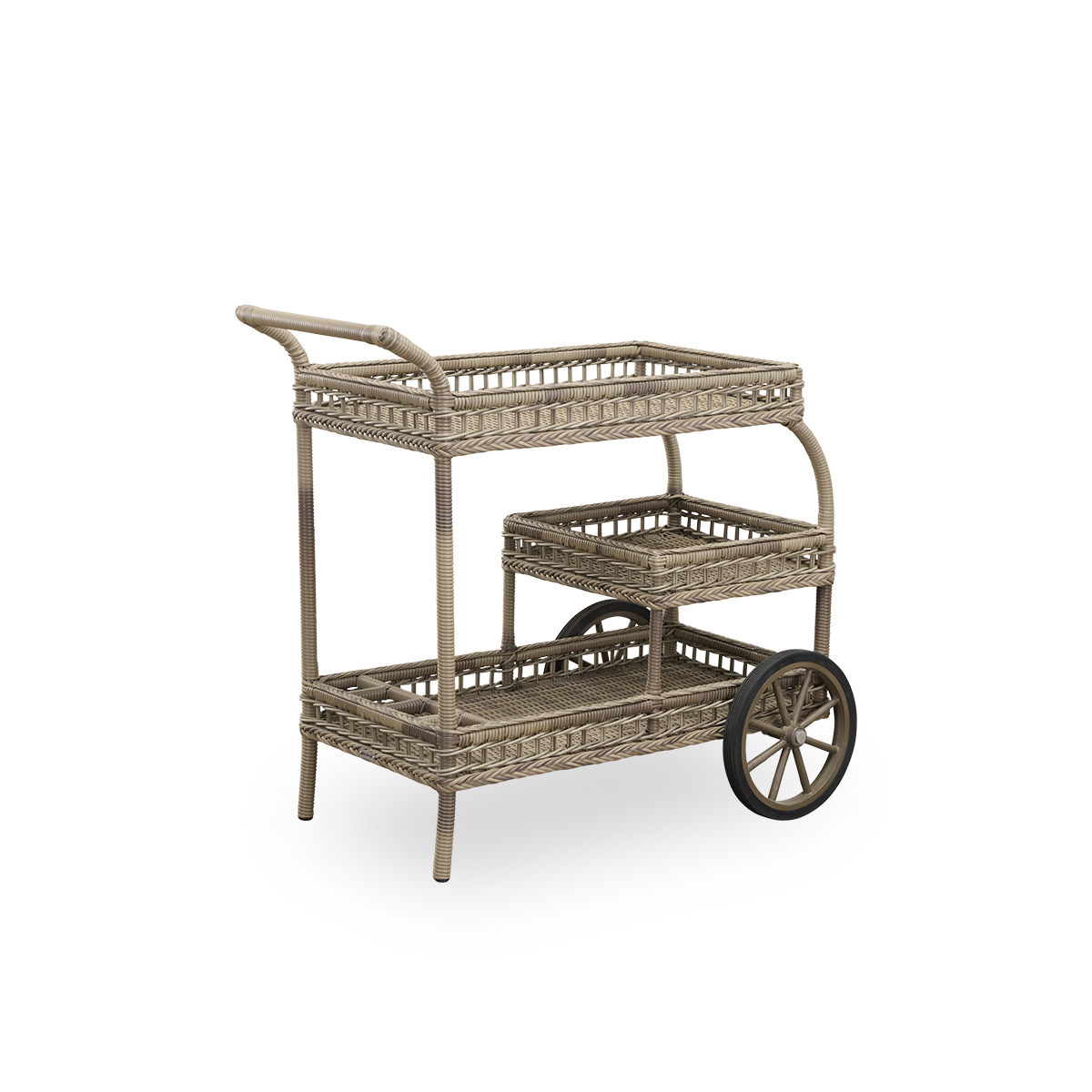 Rückansicht des James-Outdoor-Barwagens in der Farbe Antikgrau. Handgefertigt aus ArtFibre auf einem handgebogenen Aluminiumrahmen mit kunstvollen Flechtmustern und zwei Rädern für einfache Beweglichkeit.