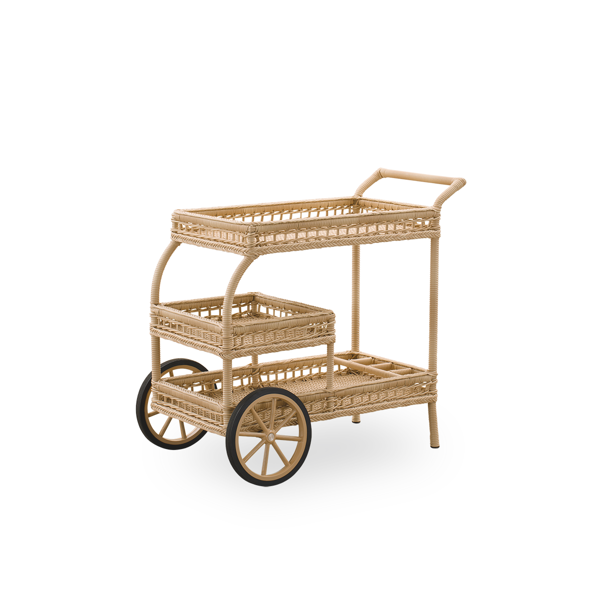 Seitenansicht des James Outdoor-Barwagens in Natural. Handgefertigt aus ArtFibre auf handgebogenem Aluminiumrahmen, mit aufwendigen Flechtungen und zwei Rädern für einfache Mobilität.