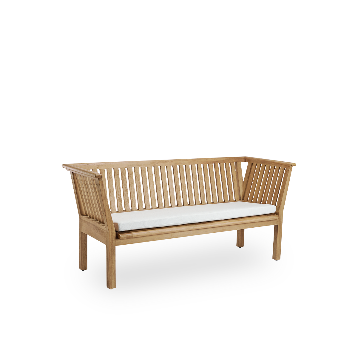 Seitenansicht der St Catherine Outdoor-Teakbank, entworfen von Arne Jacobsen, Länge 180 cm. Solide und langlebige Bank, handgefertigt aus kastanienbraunem, hochwertigem indonesischem Teakholz, zertifiziert als „Indonesian Legal Wood“.