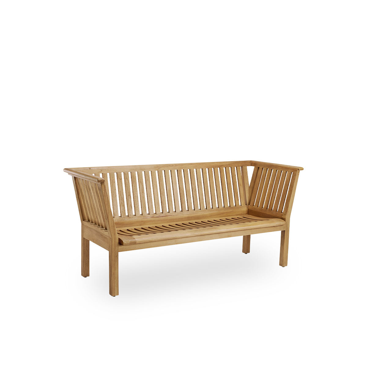 Seitenansicht der St Catherine Outdoor-Teakbank, entworfen von Arne Jacobsen, Länge 180 cm. Solide und langlebige Bank, handgefertigt aus kastanienbraunem, hochwertigem indonesischem Teakholz, zertifiziert als „Indonesian Legal Wood“.