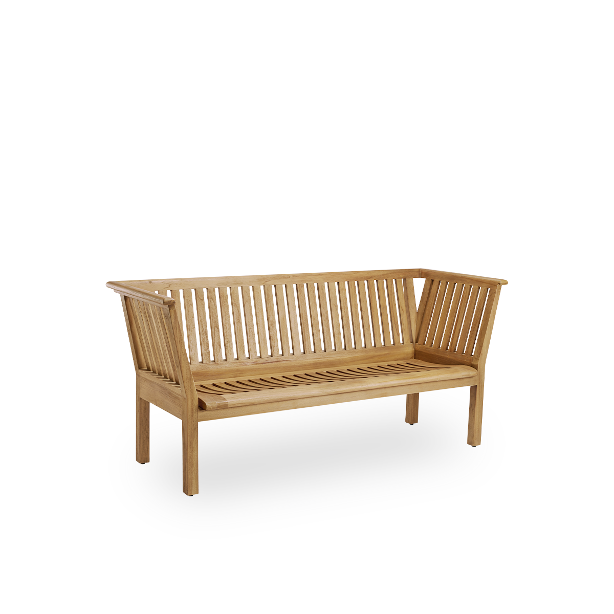 Seitenansicht der St Catherine Outdoor-Teakbank, entworfen von Arne Jacobsen, Länge 180 cm. Solide und langlebige Bank, handgefertigt aus kastanienbraunem, hochwertigem indonesischem Teakholz, zertifiziert als „Indonesian Legal Wood“.
