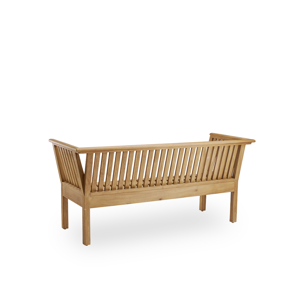 Einfache Rückansicht der St. Catherine Outdoor-Teakbank, entworfen von Arne Jacobsen, Länge 180 cm. Solide und langlebige Bank, handgefertigt aus kastanienbraunem, hochwertigem indonesischem Teakholz, zertifiziert als „Indonesian Legal Wood“.