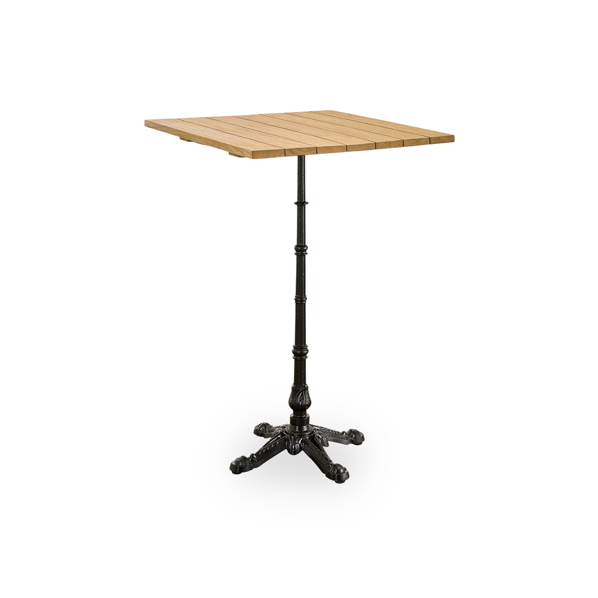 Dies ist ein Lifestyle-Bild von Lyon Bartisch Teak 70x70 cm in cast iron. Strandterrasse mit geflochtenen Sesseln und Meerblick.