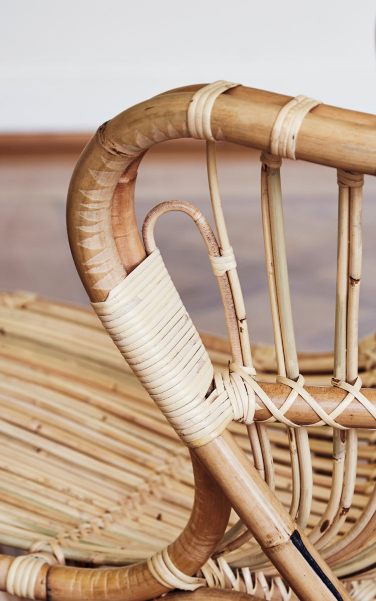 Dies ist ein Nahaufnahmebild von Fox Lounge-Sessel in polished Natural Rattan.