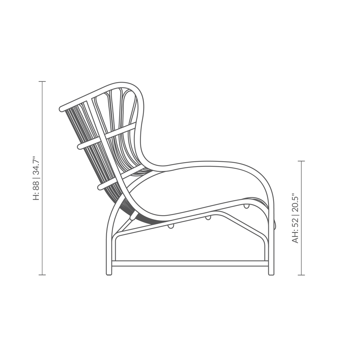 Dies ist eine Maßzeichnung von VB-17 - Teddy Lounge Chair. Technische Zeichnung mit Produktmaßen.
